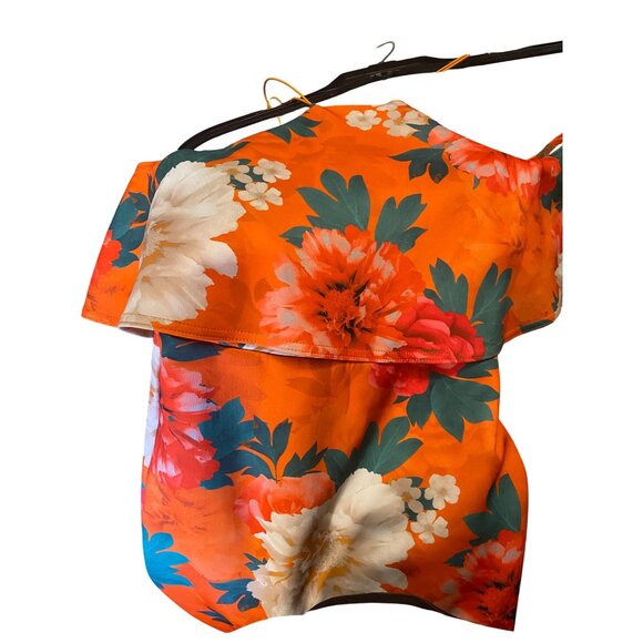 ASOS Floral Print Orange Midi Dress With Ruffle Detail - Picture 2 of 9